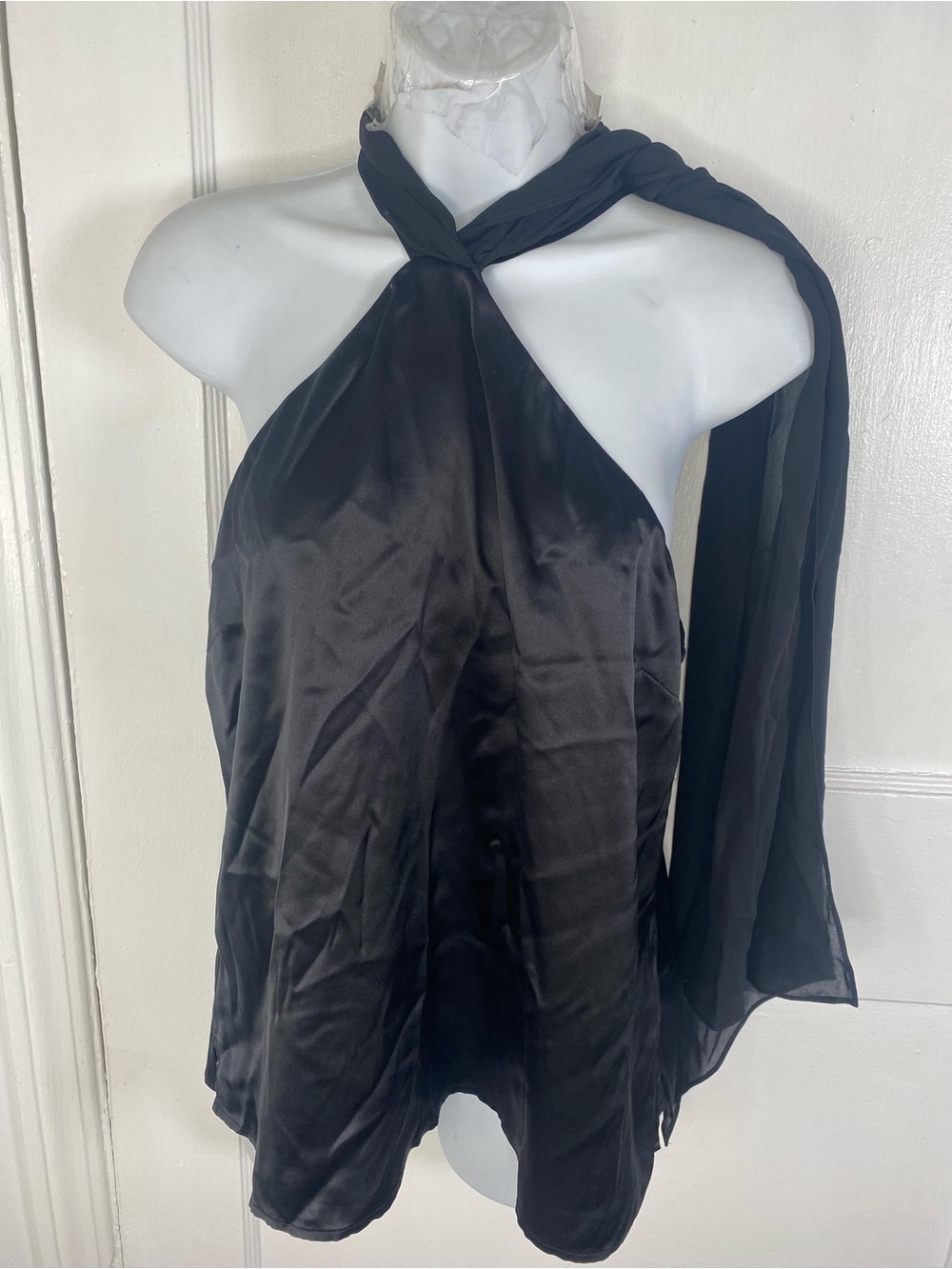 L'AGENCE NWT Rivera Black Silk Satin Cape-Effect Crepe De Chine Halter Top